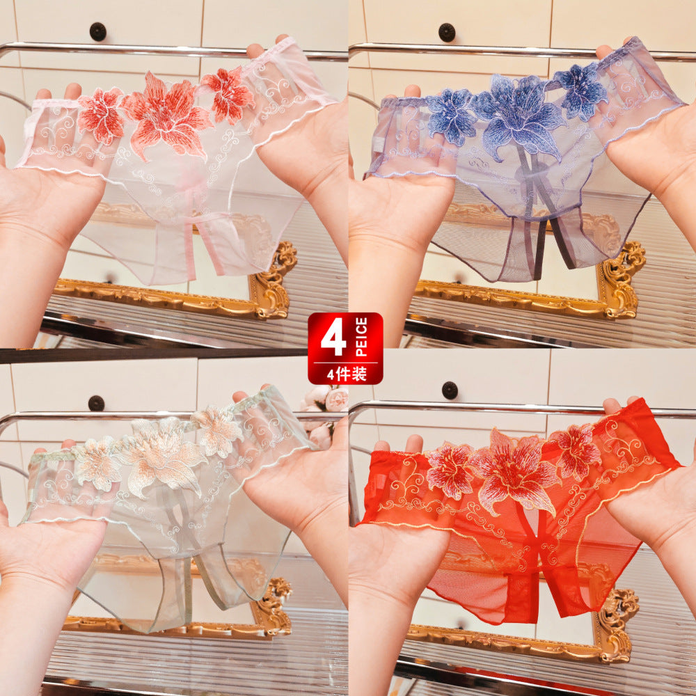 Image of A dropshipping summer thin embroidery hollow open mesh transparent sexy underwear women’s traceless low-waisted new